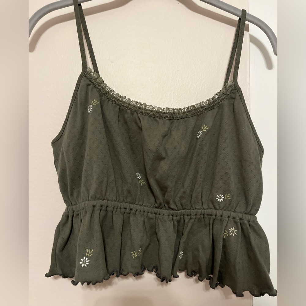 Embroidered Flower Olive Green Babydoll Crop Top American Eagle NWT